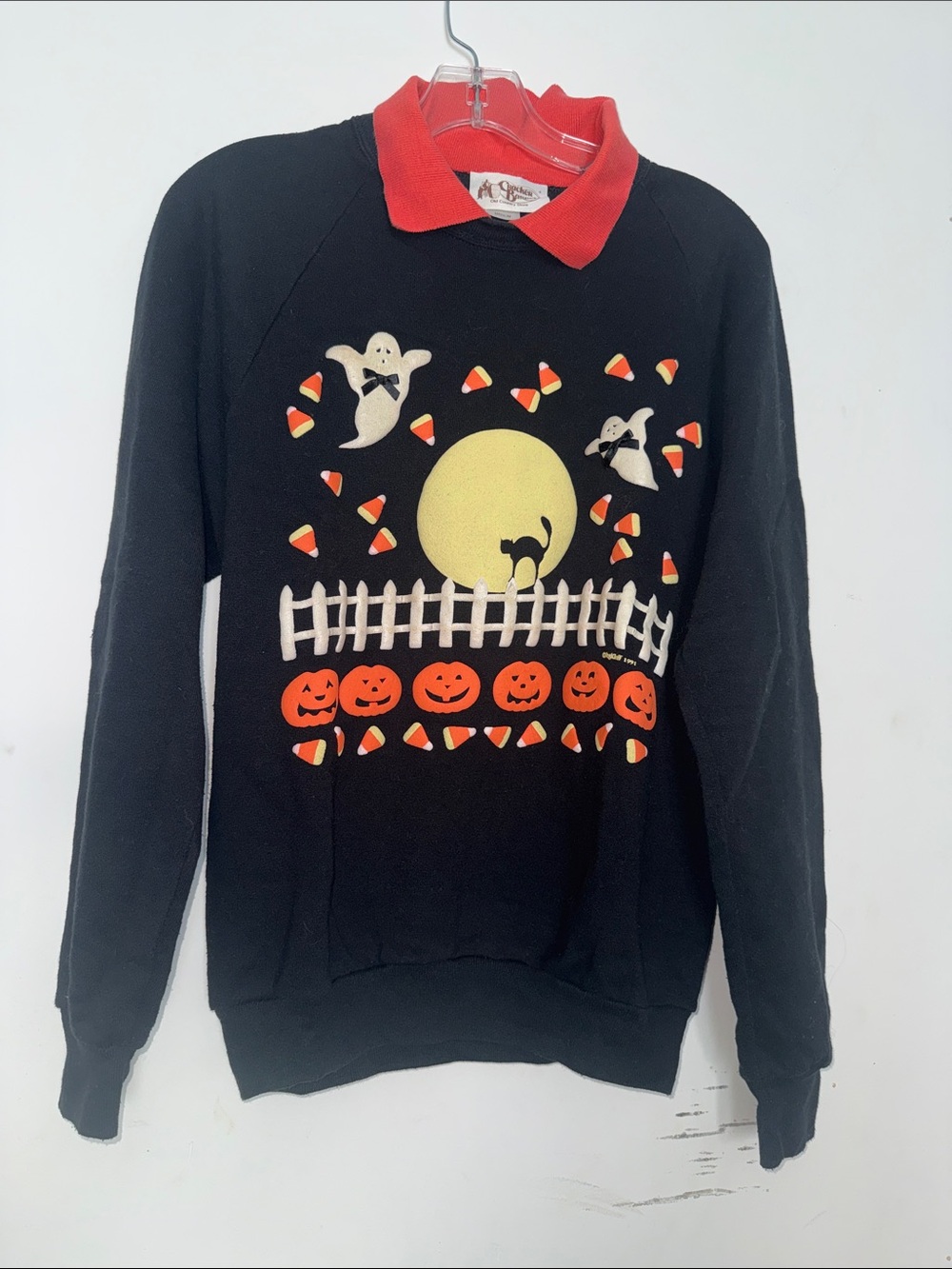 Halloween Graphic Black Sweater with Collar